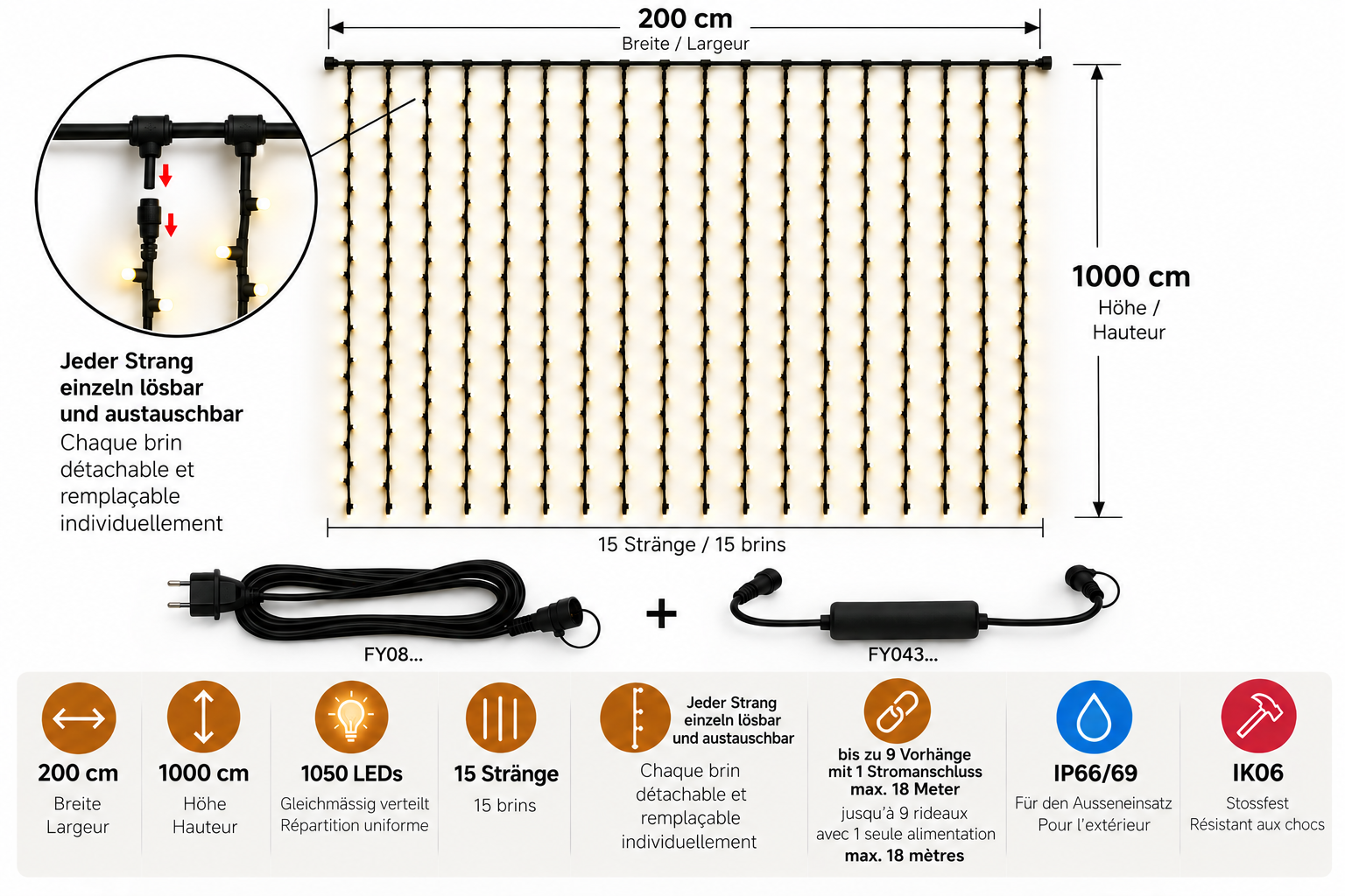 Rideau lumineux LED+ 10 mètres de haut