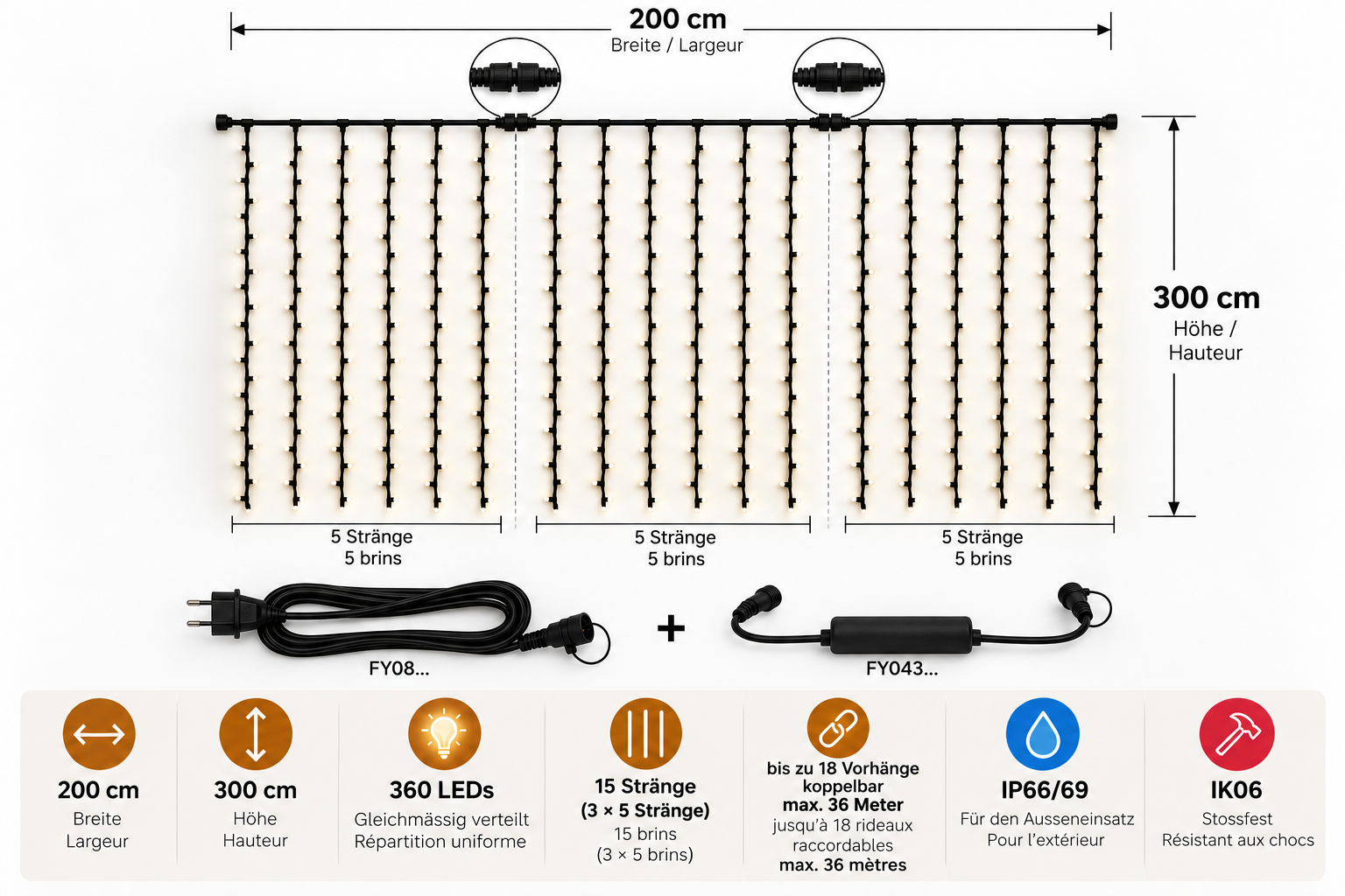 Rideau lumineux LED+ 3 mètres de haut